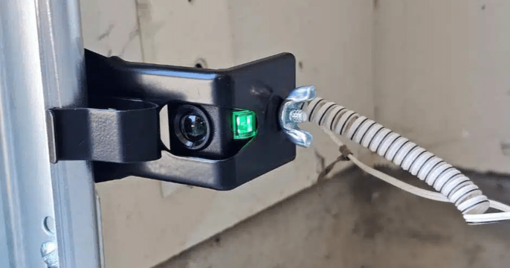 Garage door sensor with a green light.